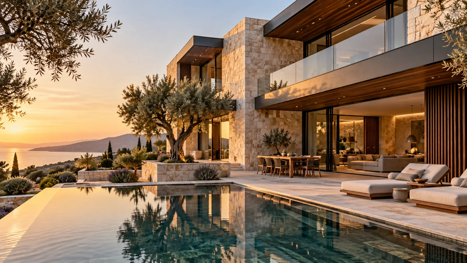 Temsili villa: taş cepheli modern villa, havuz ve zeytin ağaçları